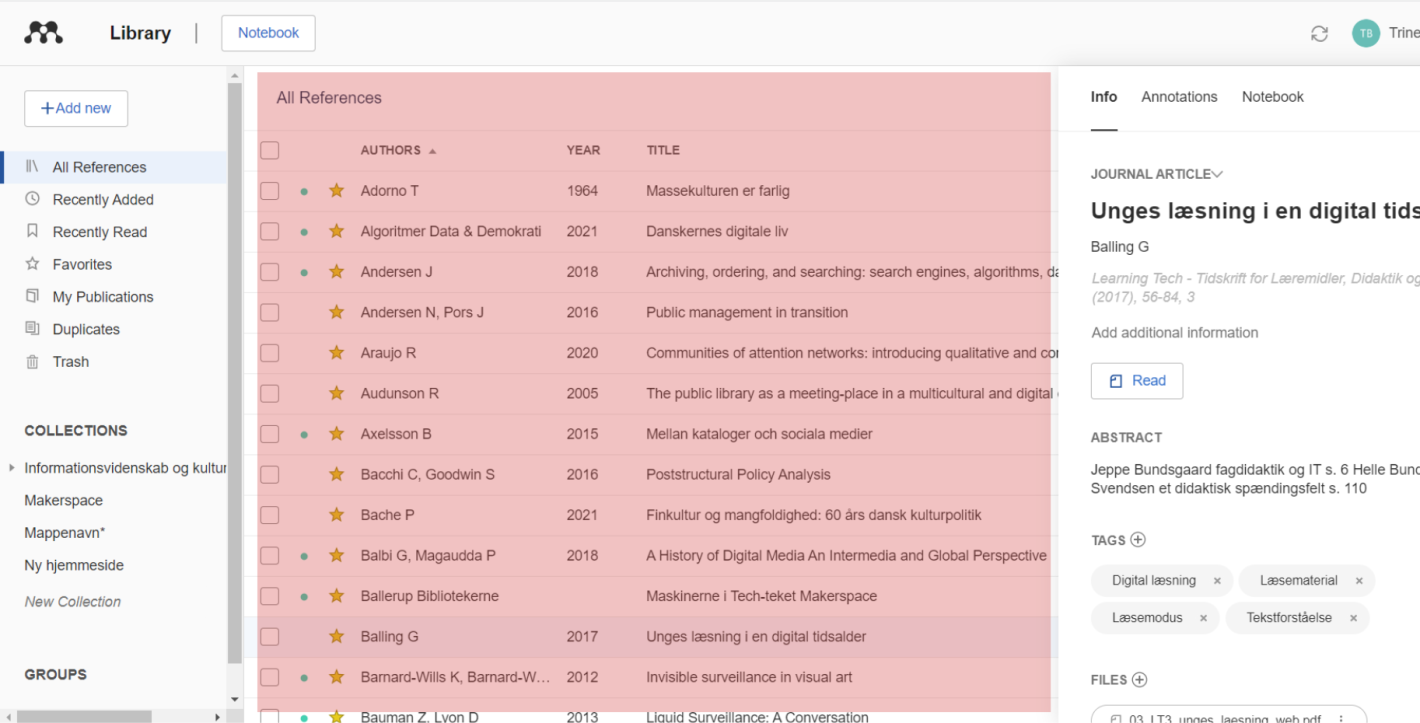 Skærmbillede der viser hvilke elementer der befinder sig i hovedpanelet i dit Mendeley bibliotek