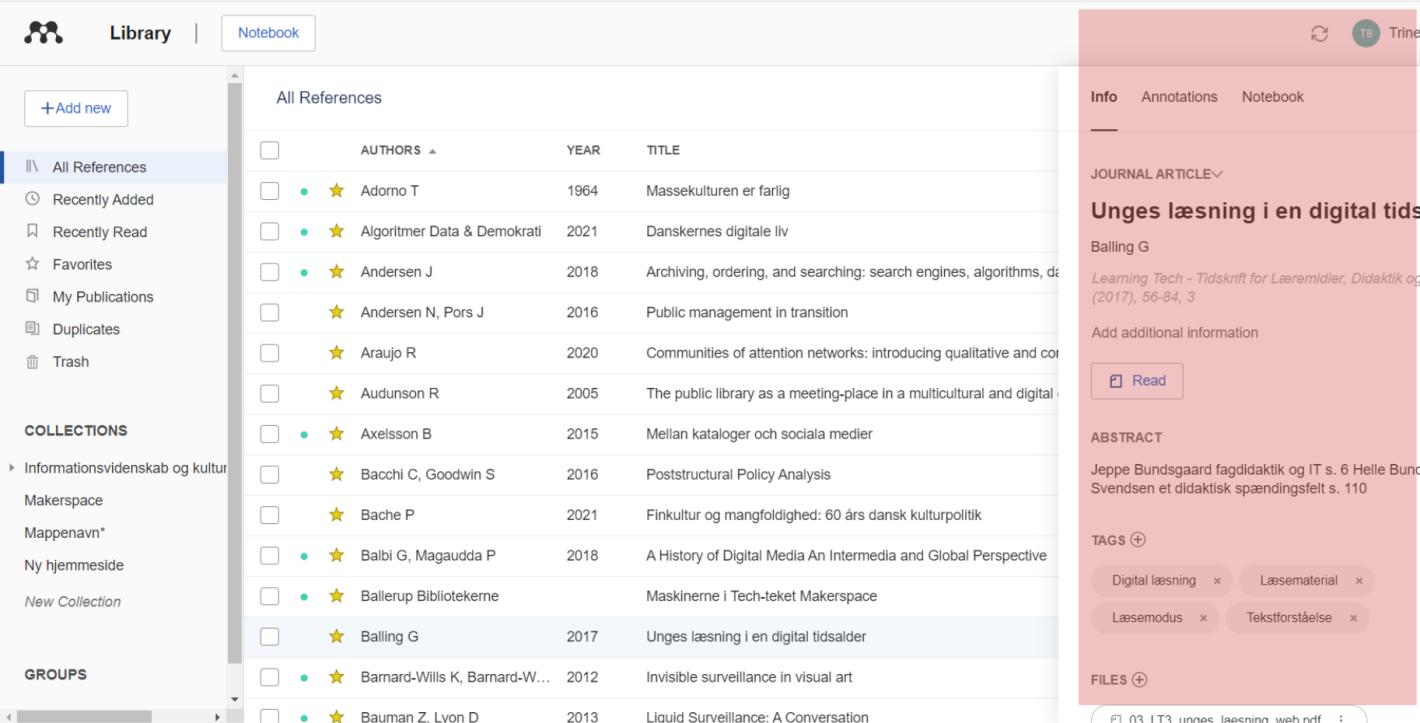 Skærmbillede der viser hvilke elementer der befinder sig i det højre sidepanel i dit Mendeley bibliotek